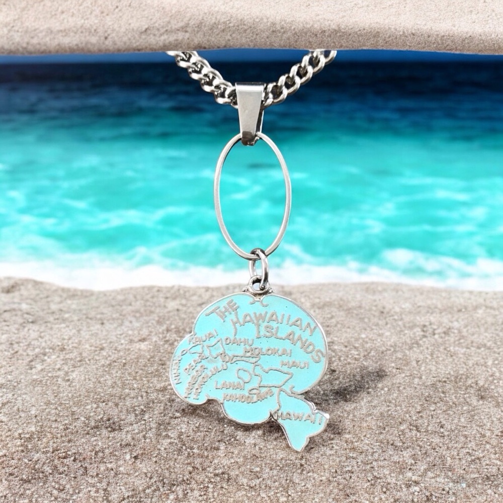 🆕Hawaiian Islands Oval Drop Pendant Neck Enamel/Stainless Steel